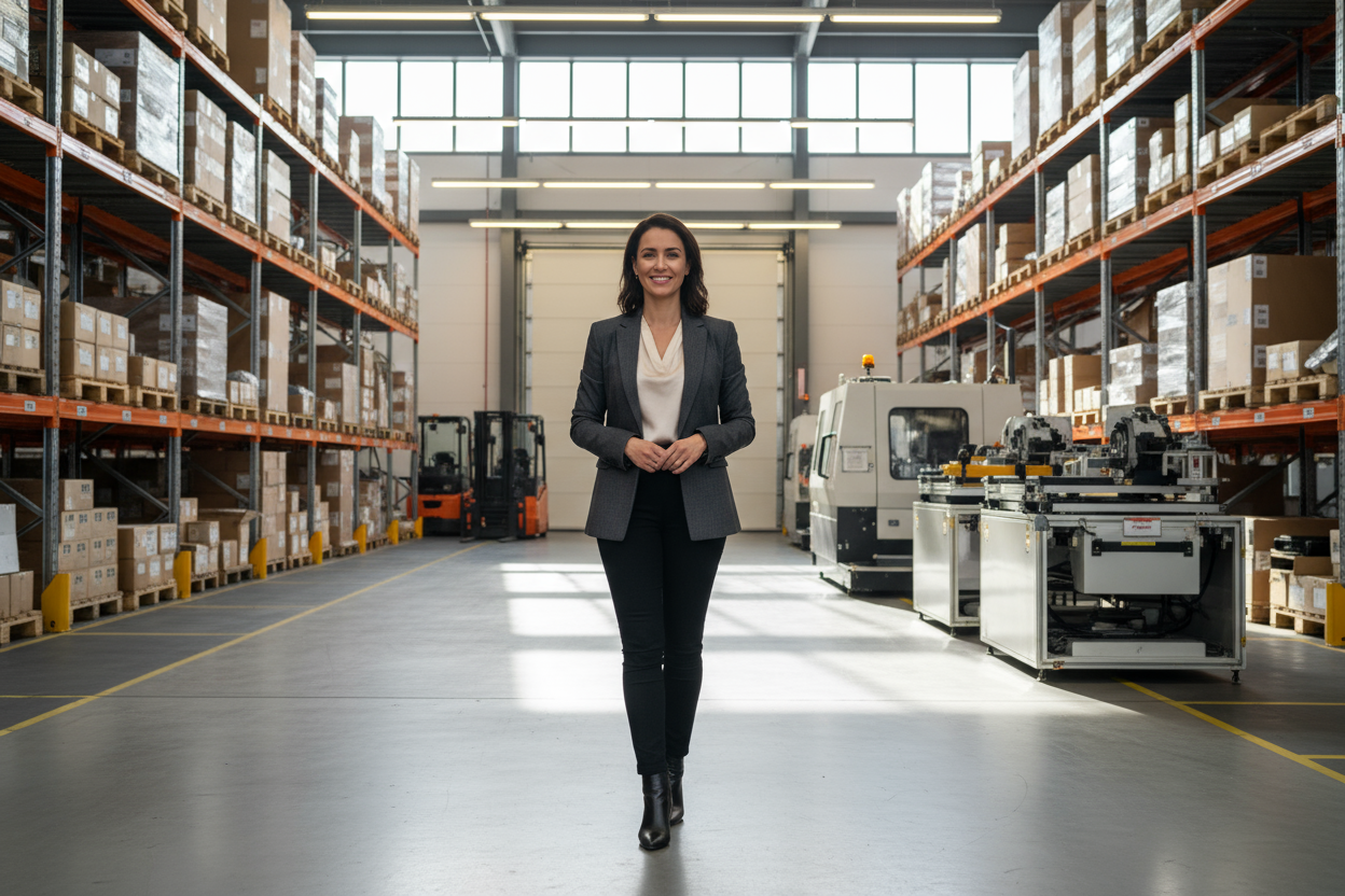 industrial setting, smiling woman instead